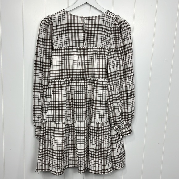 Womens Brown & White Plaid Dress Pullover Smocking Lined Tier Ruffles No Tags - Picture 11 of 14